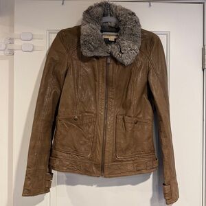 MICHAEL KORS Brown Leather Moto Jacket with Fur Hood Women's Size Small Full Zip